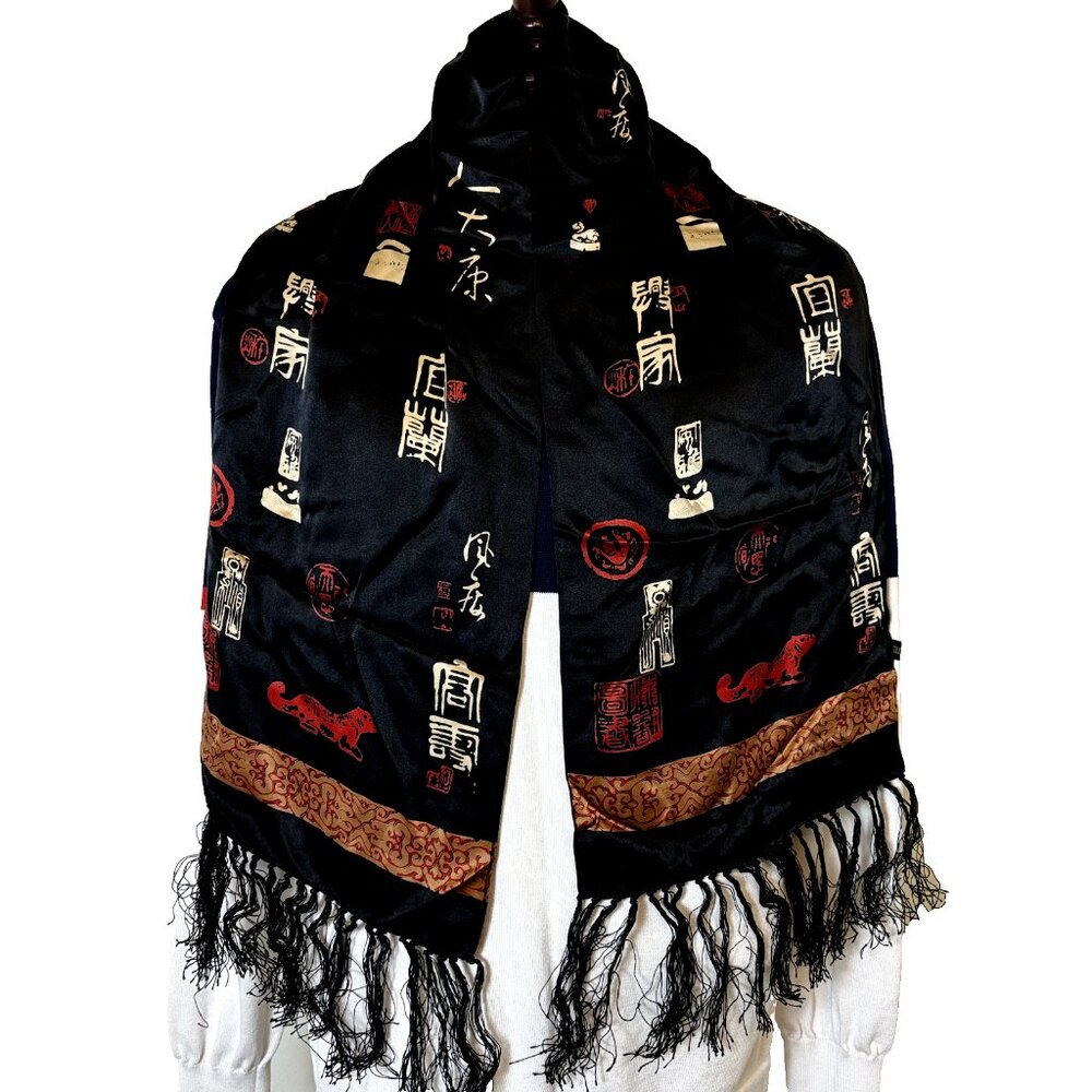 Pure Silk Black Scarf Wrap Shawl 10.5" x 49" with Fringe‎ VTG
